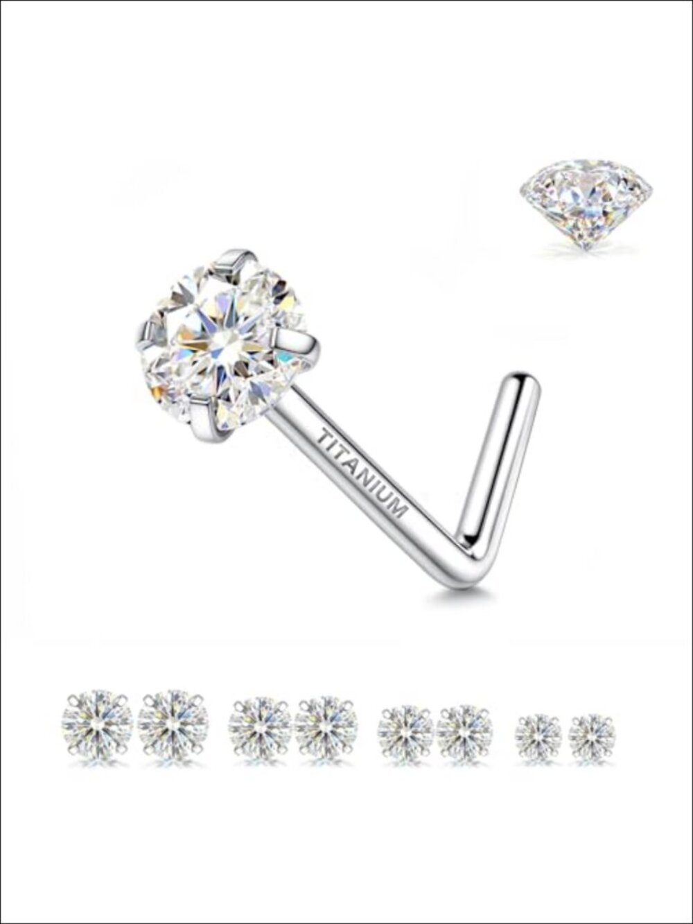8 Pc Moissanite Titanium Nose Stud Set 20G L Shaped Piercing
